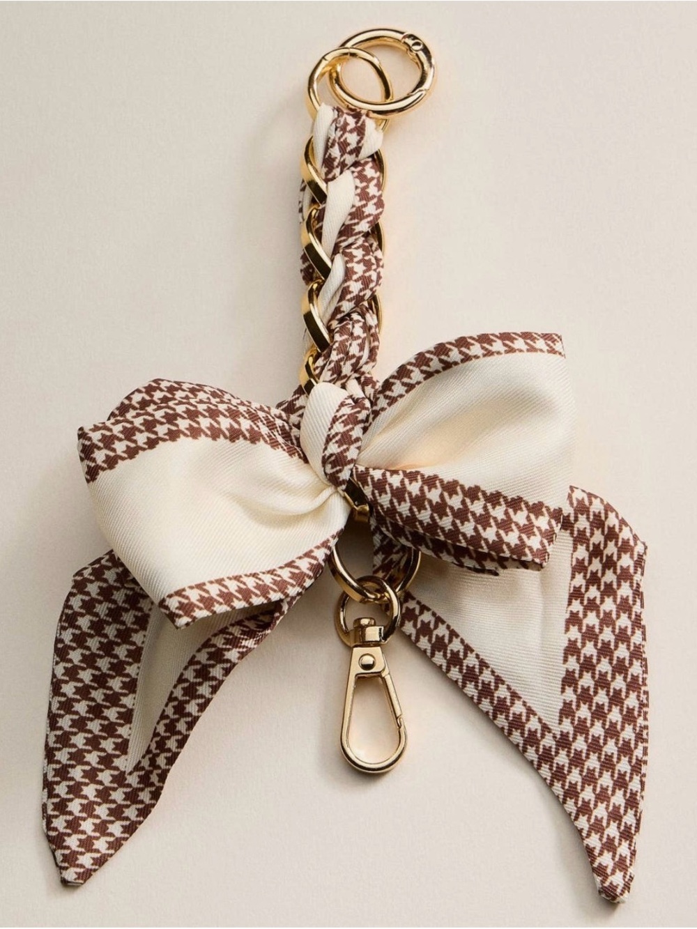 Braided Ribbon Bow Keychain - Cream & Brown